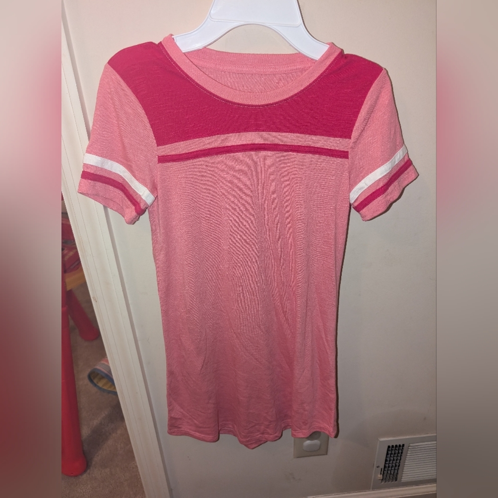 SO Girl's Pink and Red Varsity Blocked Short Sleeve Tee